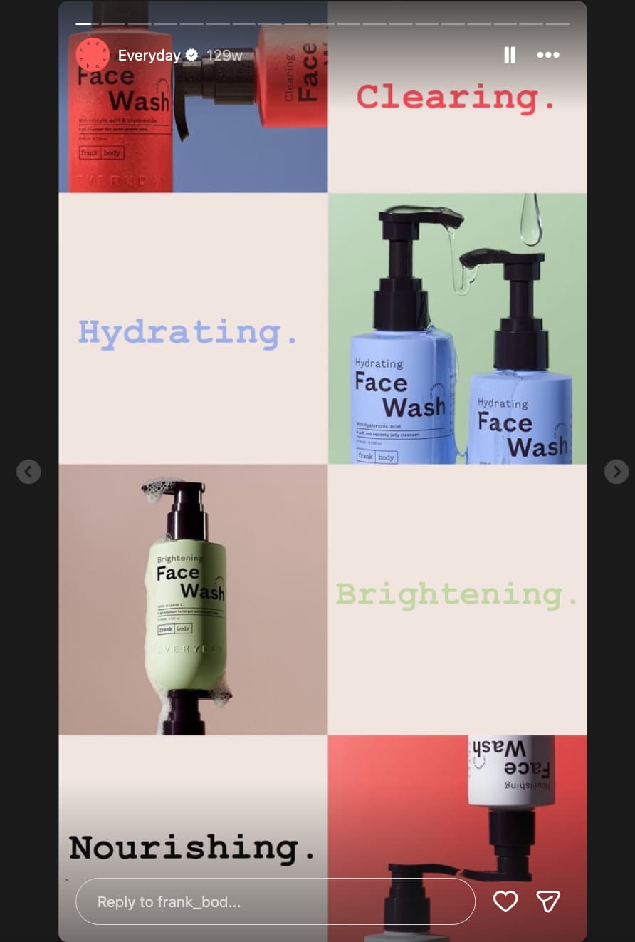 Instagram Story featuring 8 grids alternating between a product photo and a white space with text describing the benefit of each product