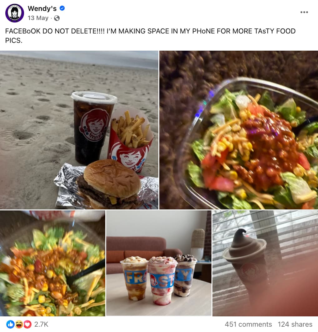 Wendy's Facebook post showing several photos of food and drinks from the chain and a caption that reads "Facebook do not delete!!! I'm making space in my phone for more tasty food pics."