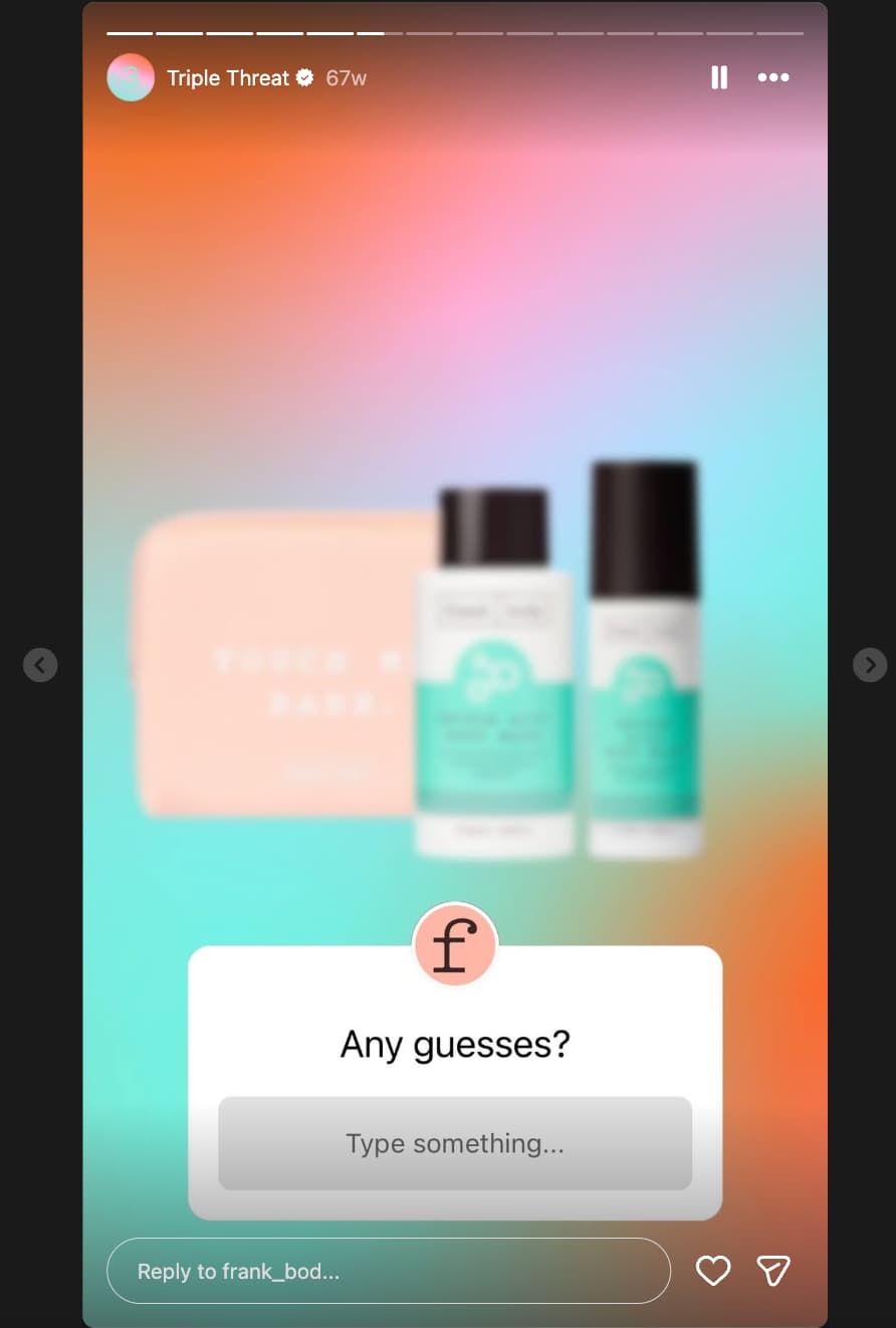 Blurred out photo of three products with a question sticker asking "Any guesses?"