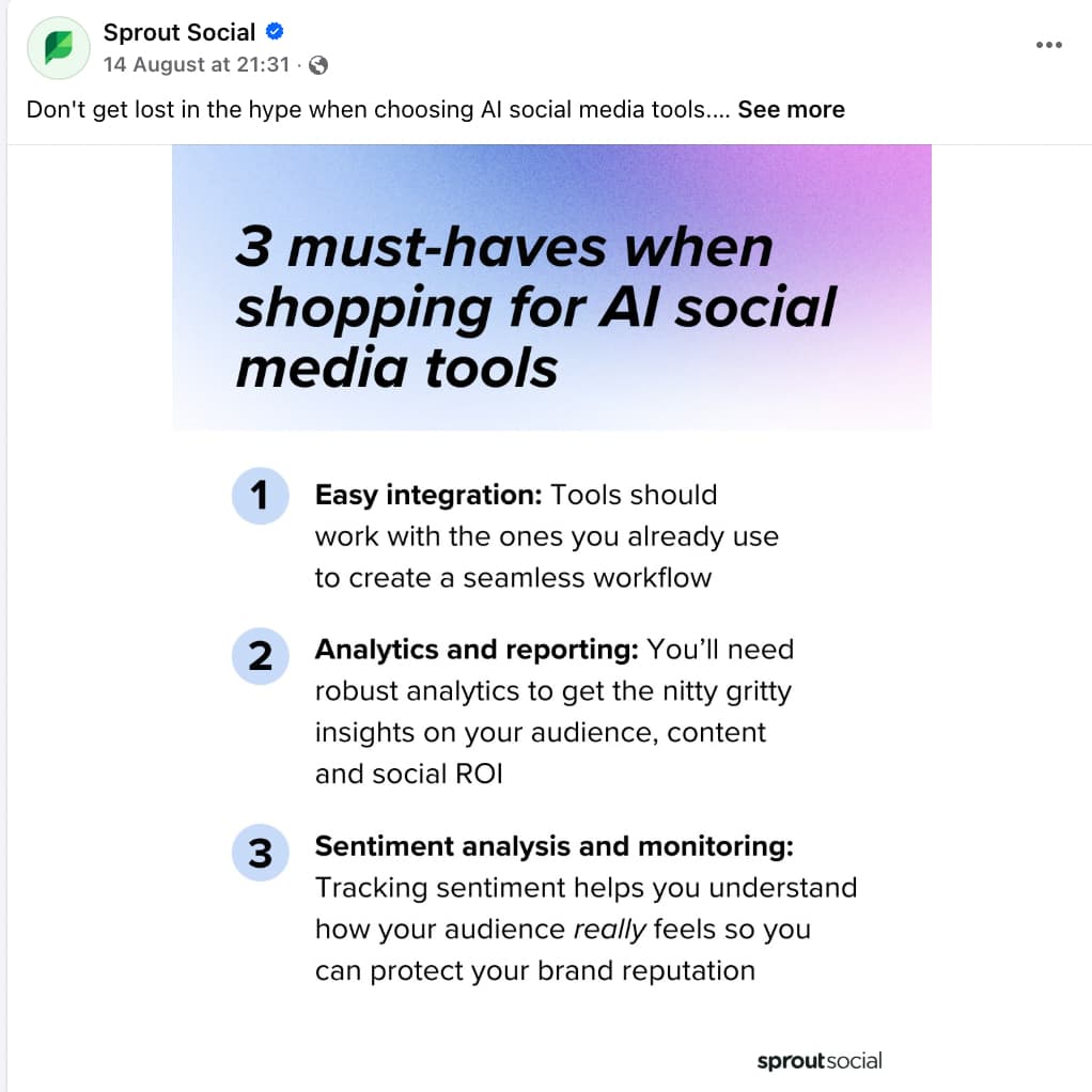 Sprout's Facebook post showing a graphic with text that reads "3 must-haves when shopping for AI social media tools" and a bulleted list of criteria