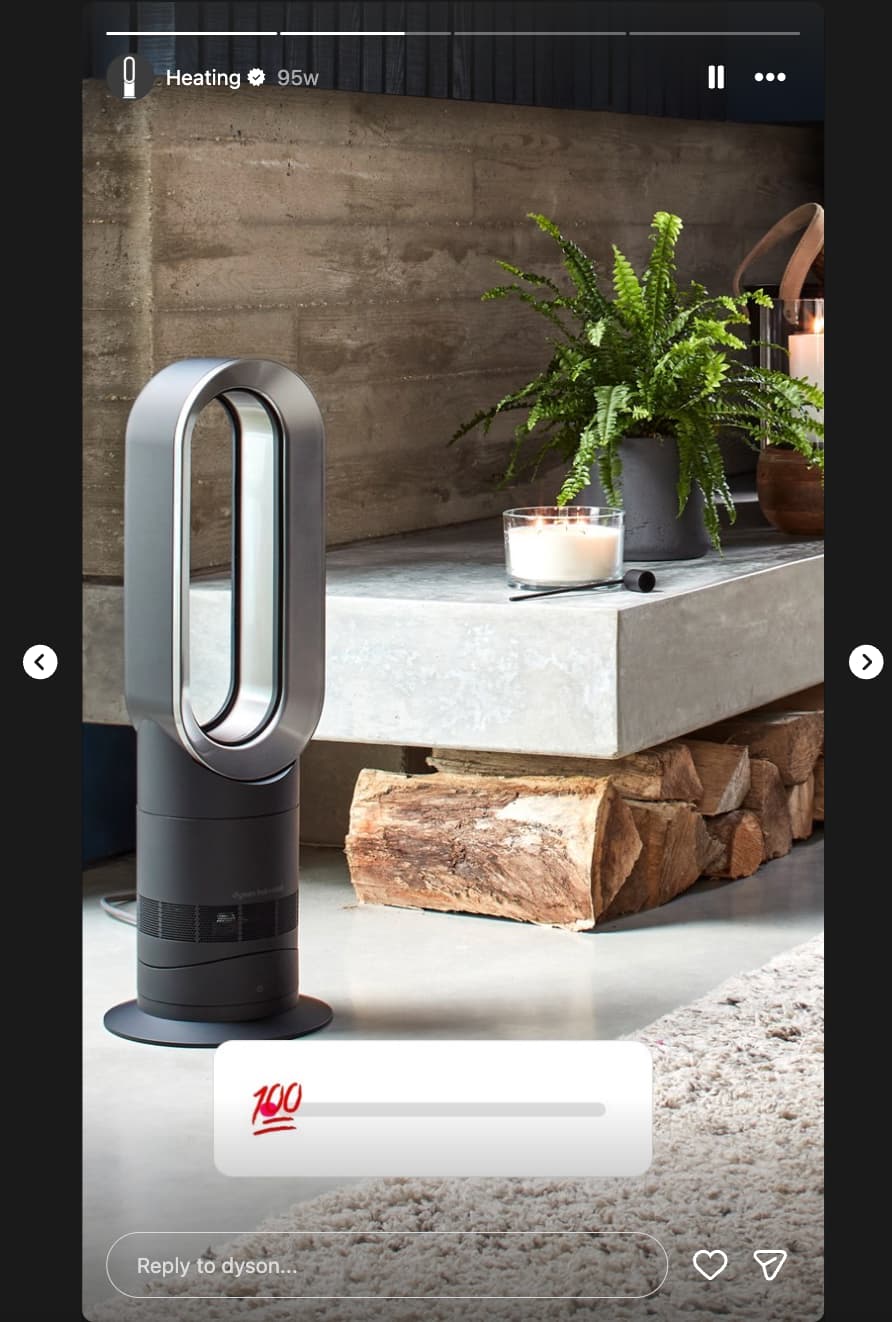 Story featuring a Dyson heating product with an emoji slider