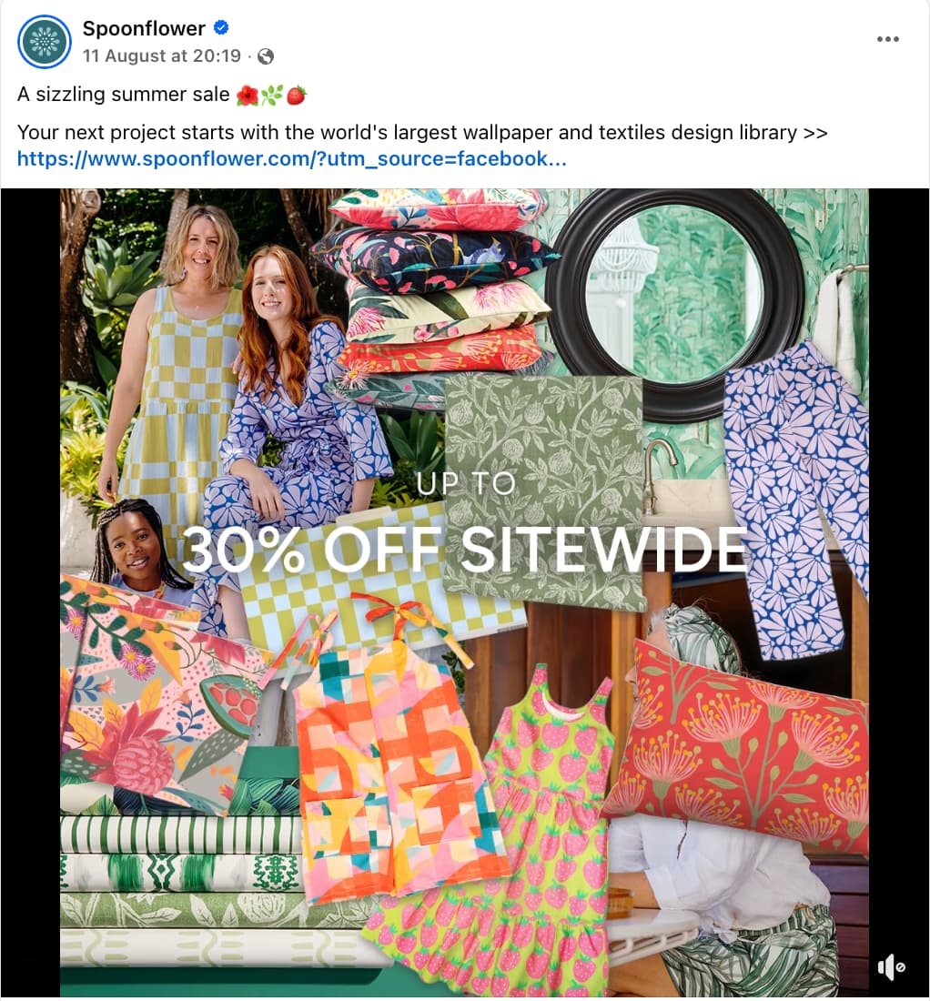 Facebook post from Spoonflower showing several patterns and products with text overlay that reads "up to 30% off sitewide"