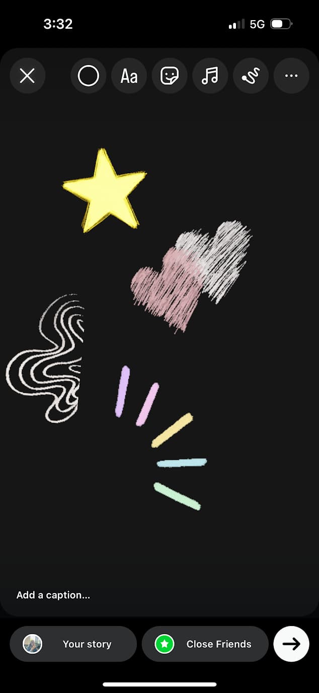 Instagram Story draft showing a black background with several graphic elements