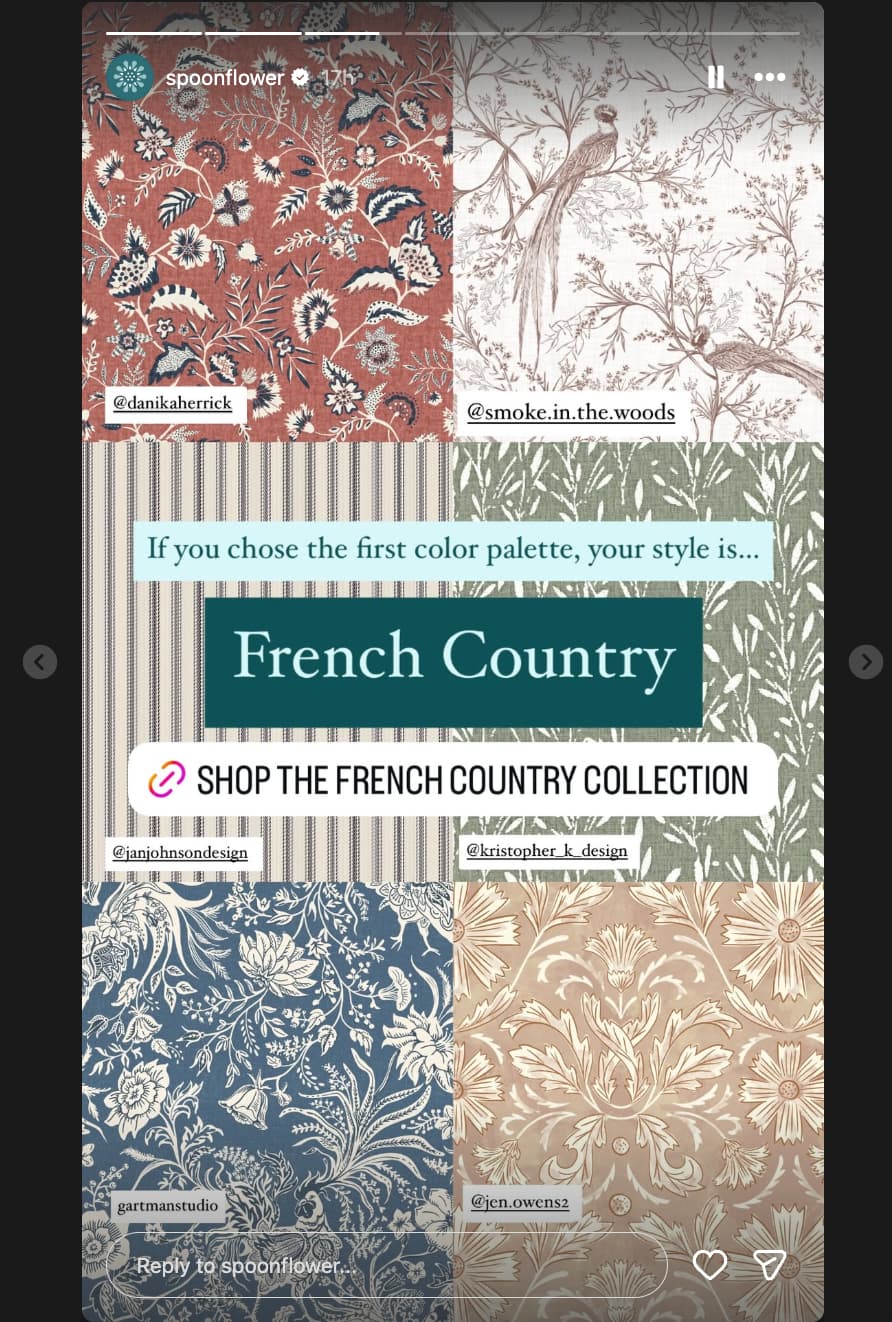 A collage of six different images showing different patterns and text that reads "French Country"