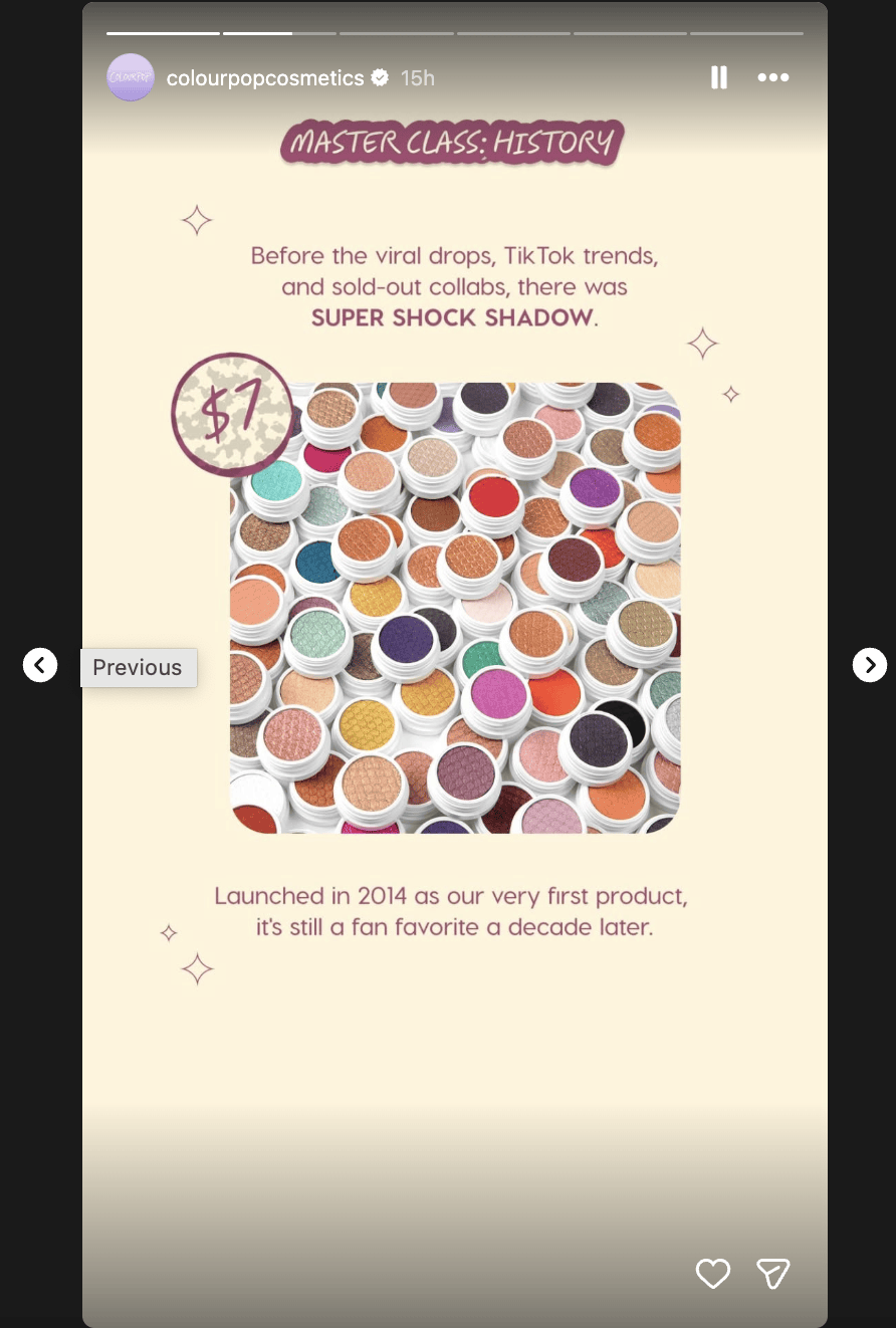 Instagram Story from ColourPop Cosmetics showing different shades of eyeshadow with text explaining the history