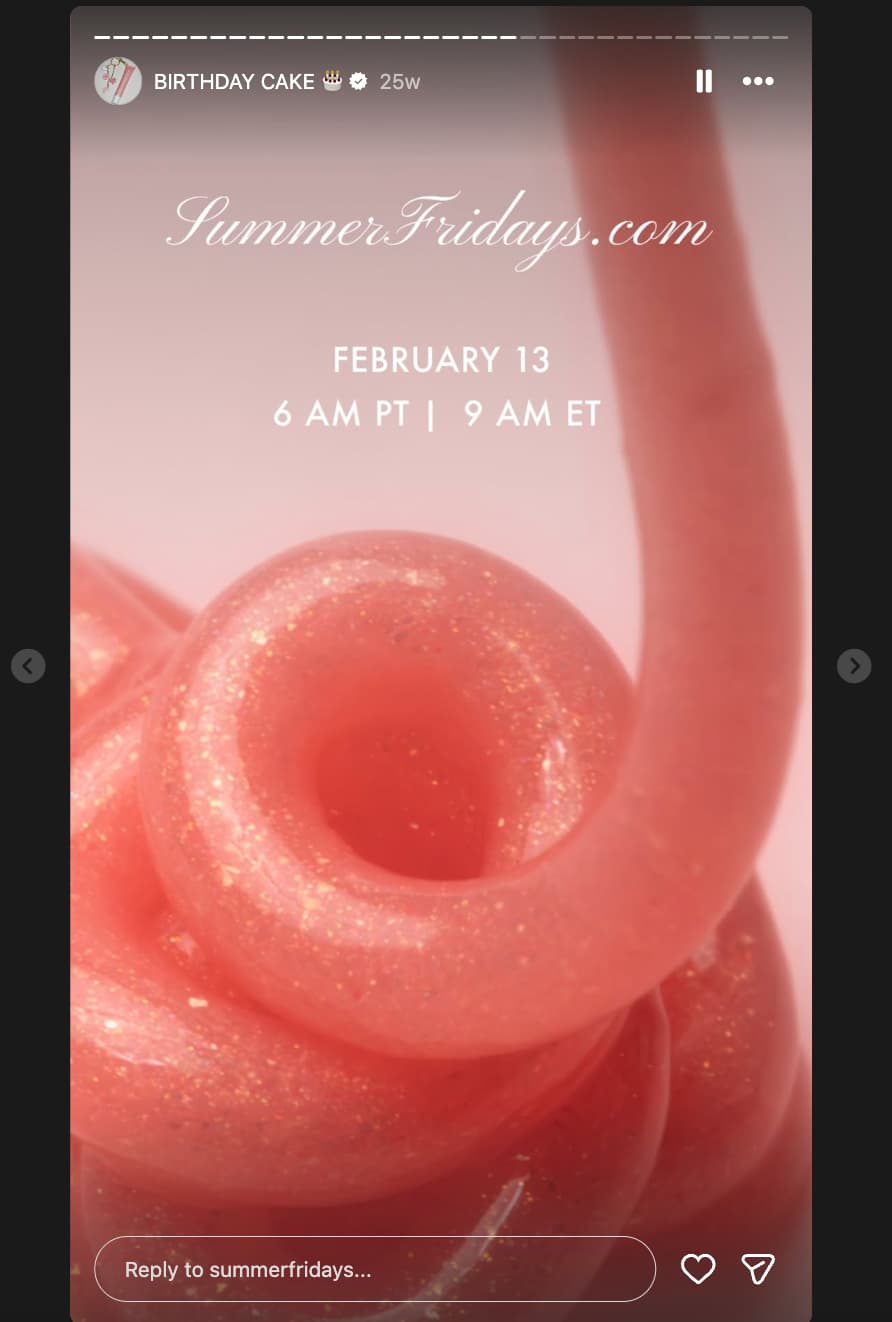 Summer Fridays Instagram Story showing a close-up of a pink glittery paste with text that highlights the time and date for the launch