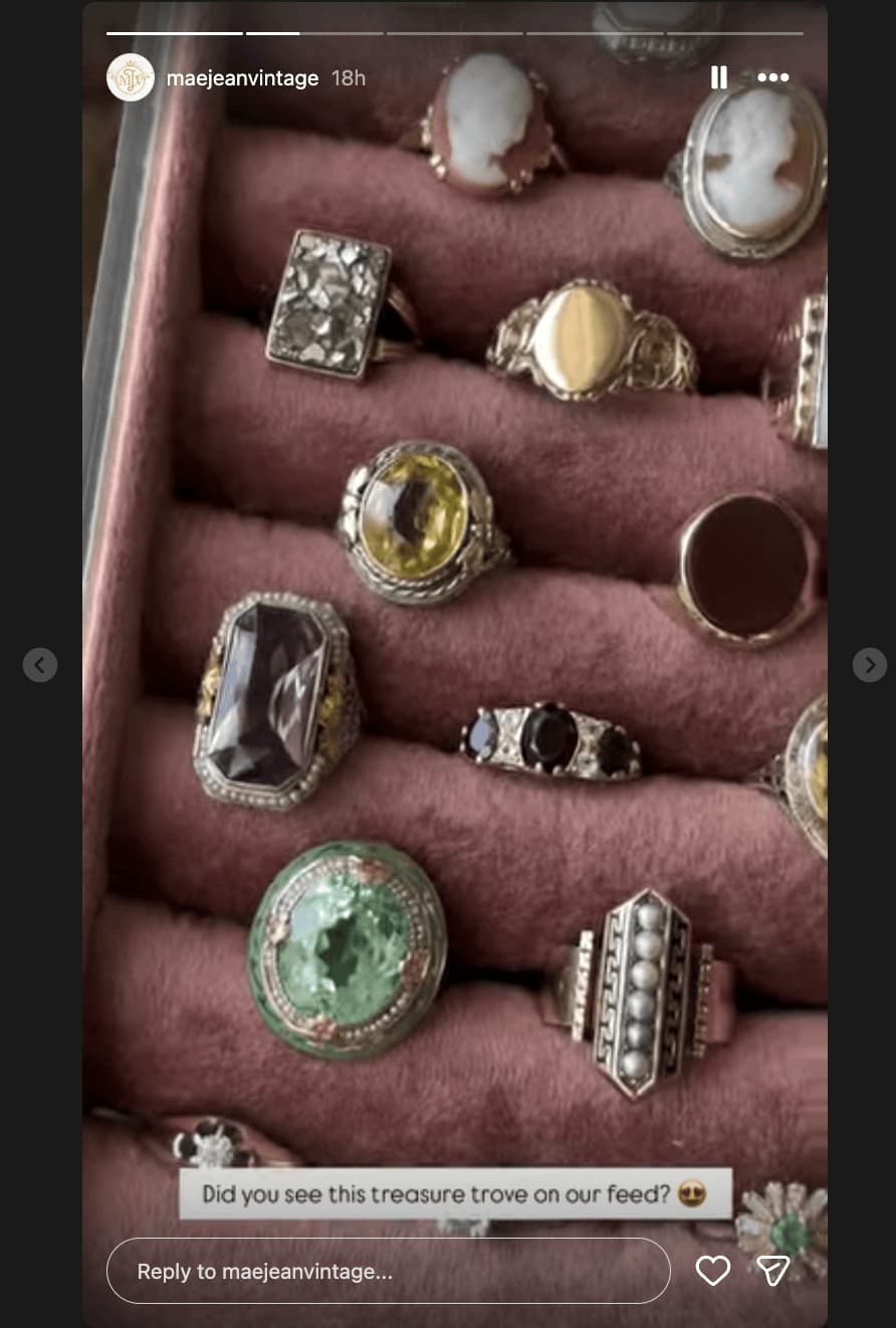 Instagram Story from Mae Jean Vintage showing several vintage rings and a caption that reads "Did you see this treasure trove on our feed?"