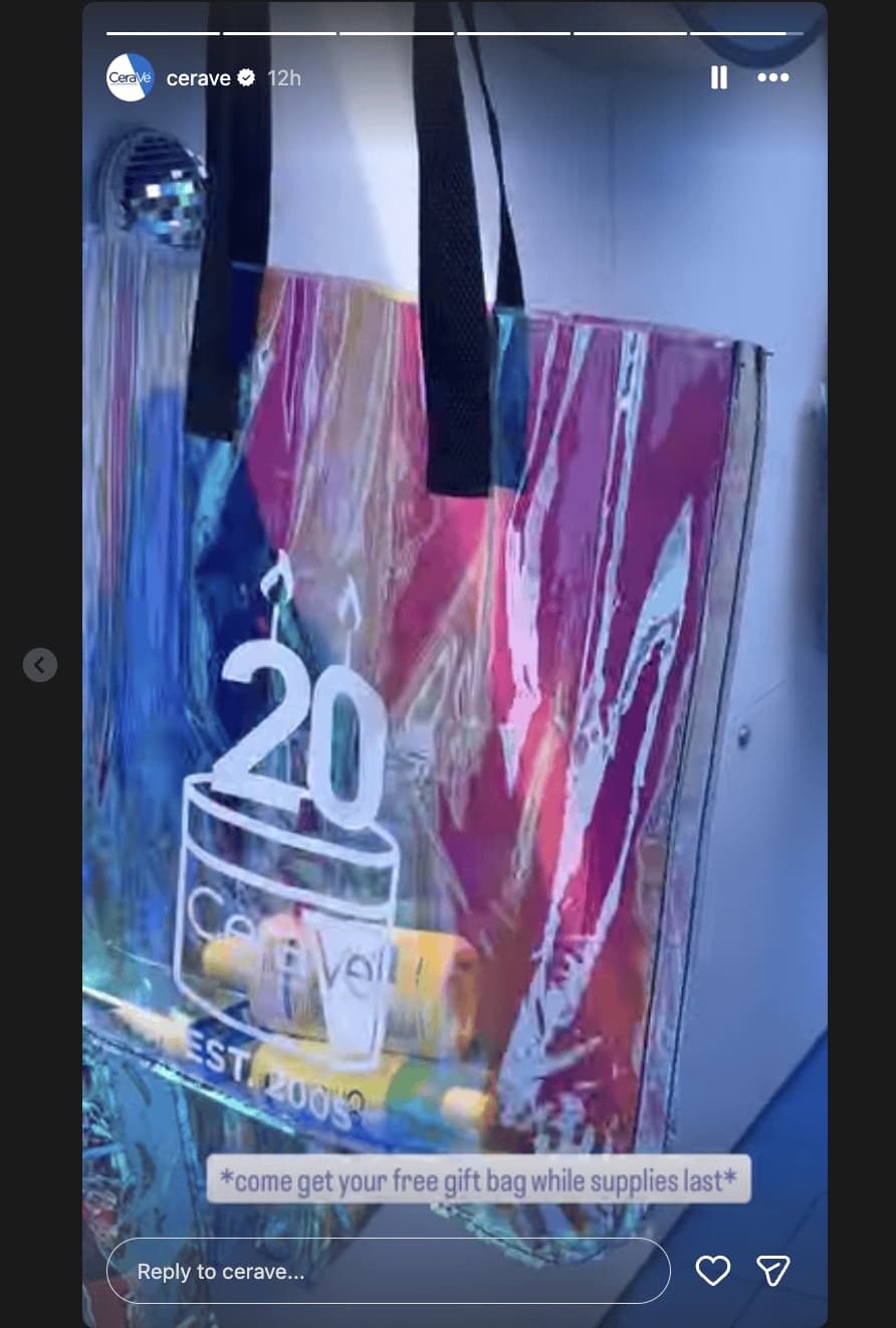 Instagram Story from CeraVe showing a bag and a caption that reads "come get your free gift bag while supplies last"