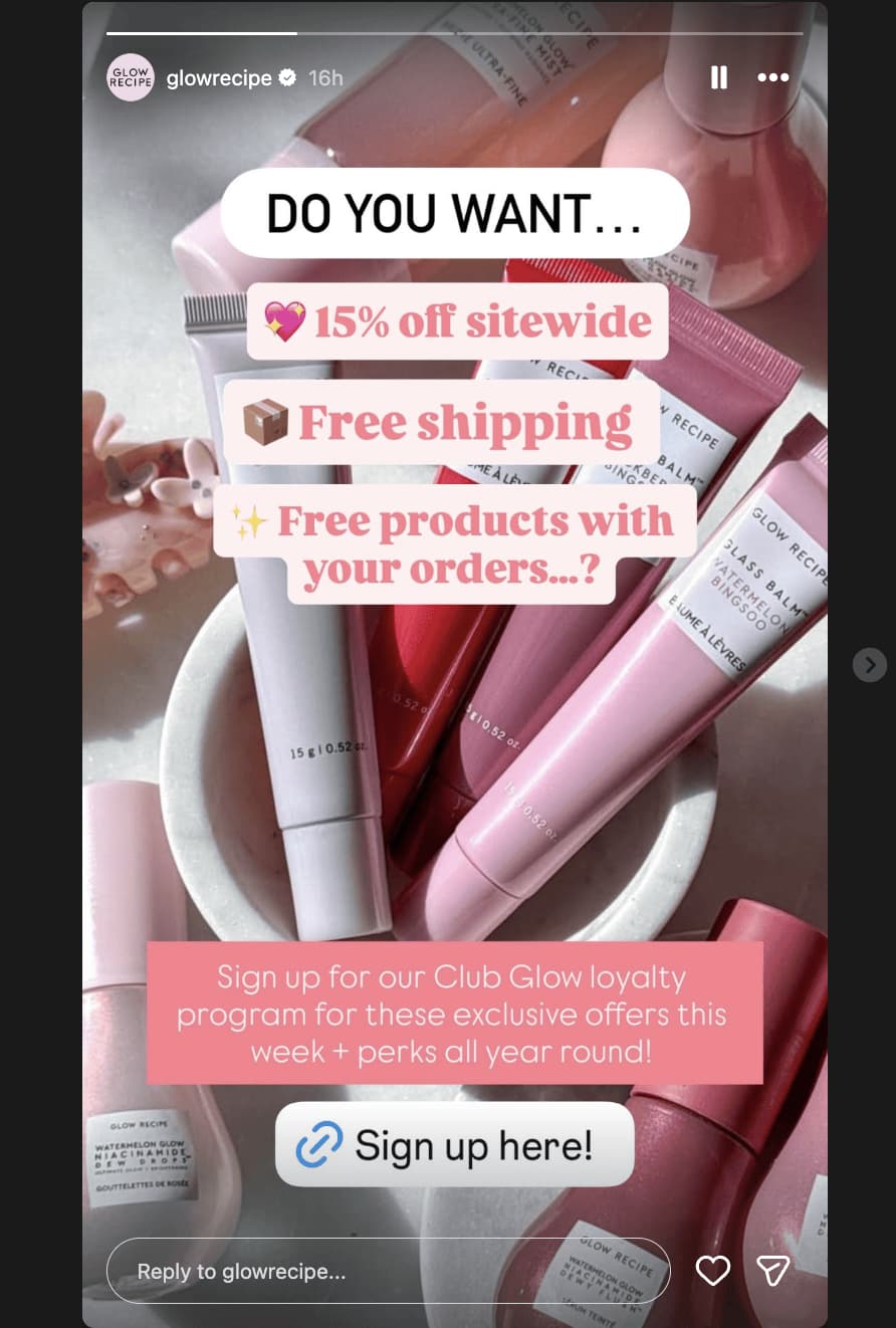 Glow Recipe Instagram Story showing several tubes of the brand's products in a bowl and text that lists some of the main benefits of being a Club Glow member