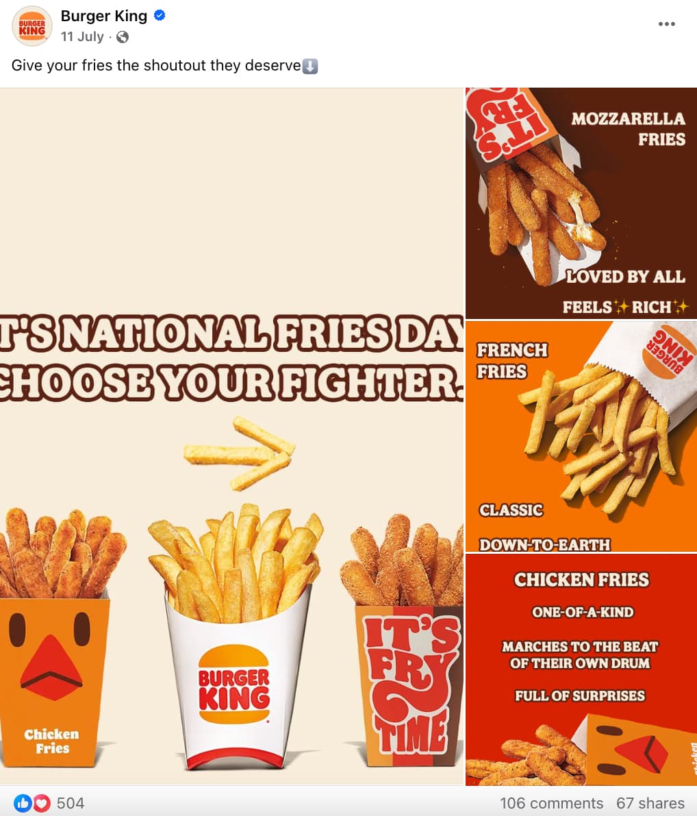 Burger King Facebook post showing several images of different types of fries and their descriptions along with a prompt that reads "It's National Fries Day. Choose your fighter."