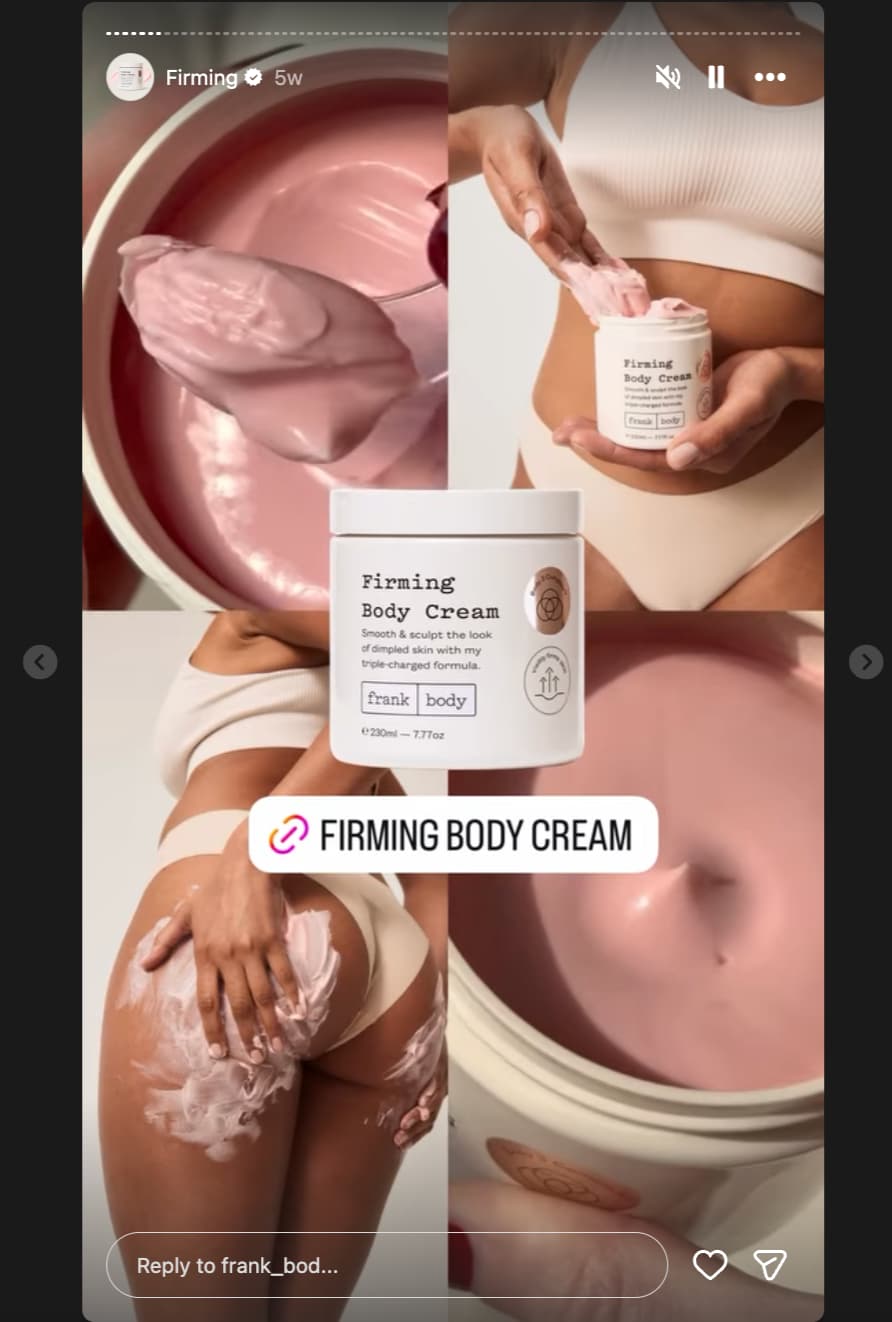 four images in a grid showing close-ups of Frank Body's firming body cream and the product being used with a product cutout overlay and a link to it