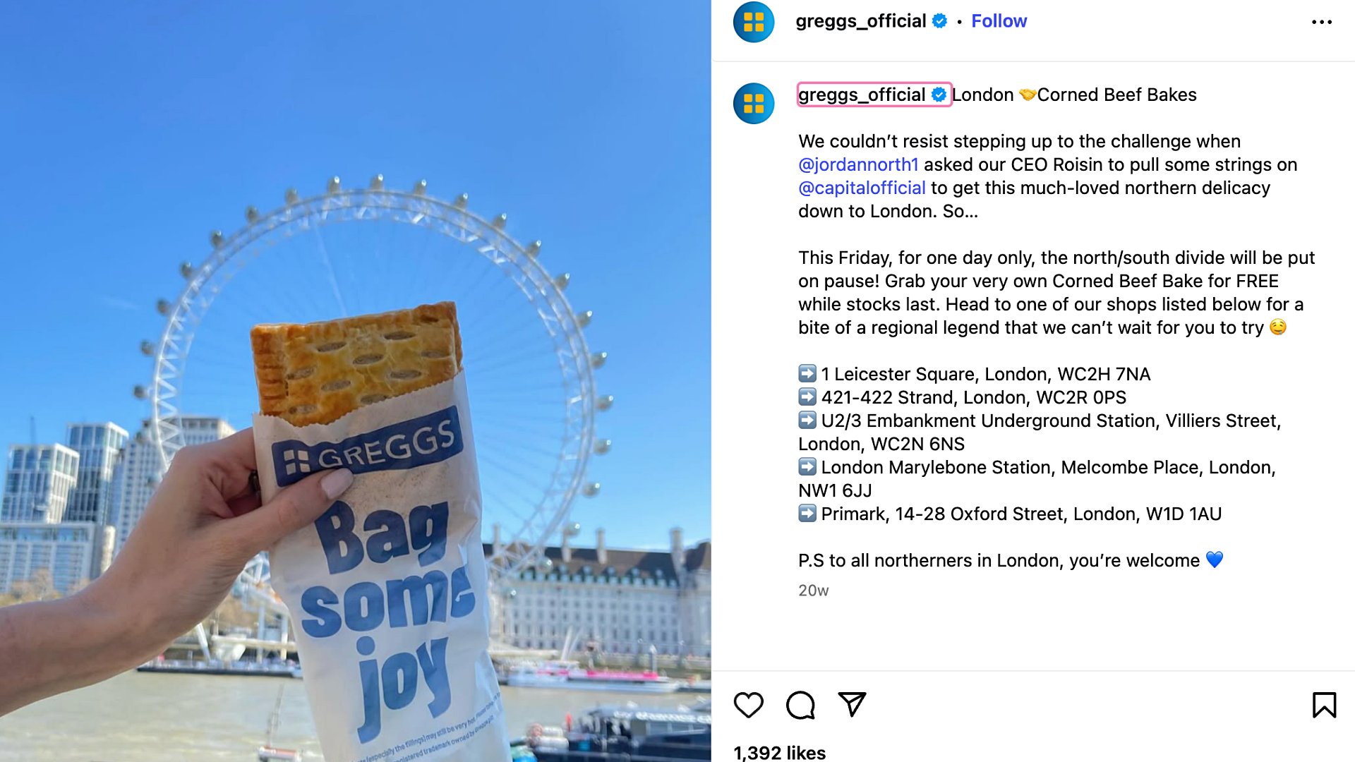 Greggs’ corned beef bake in front of the London Eye