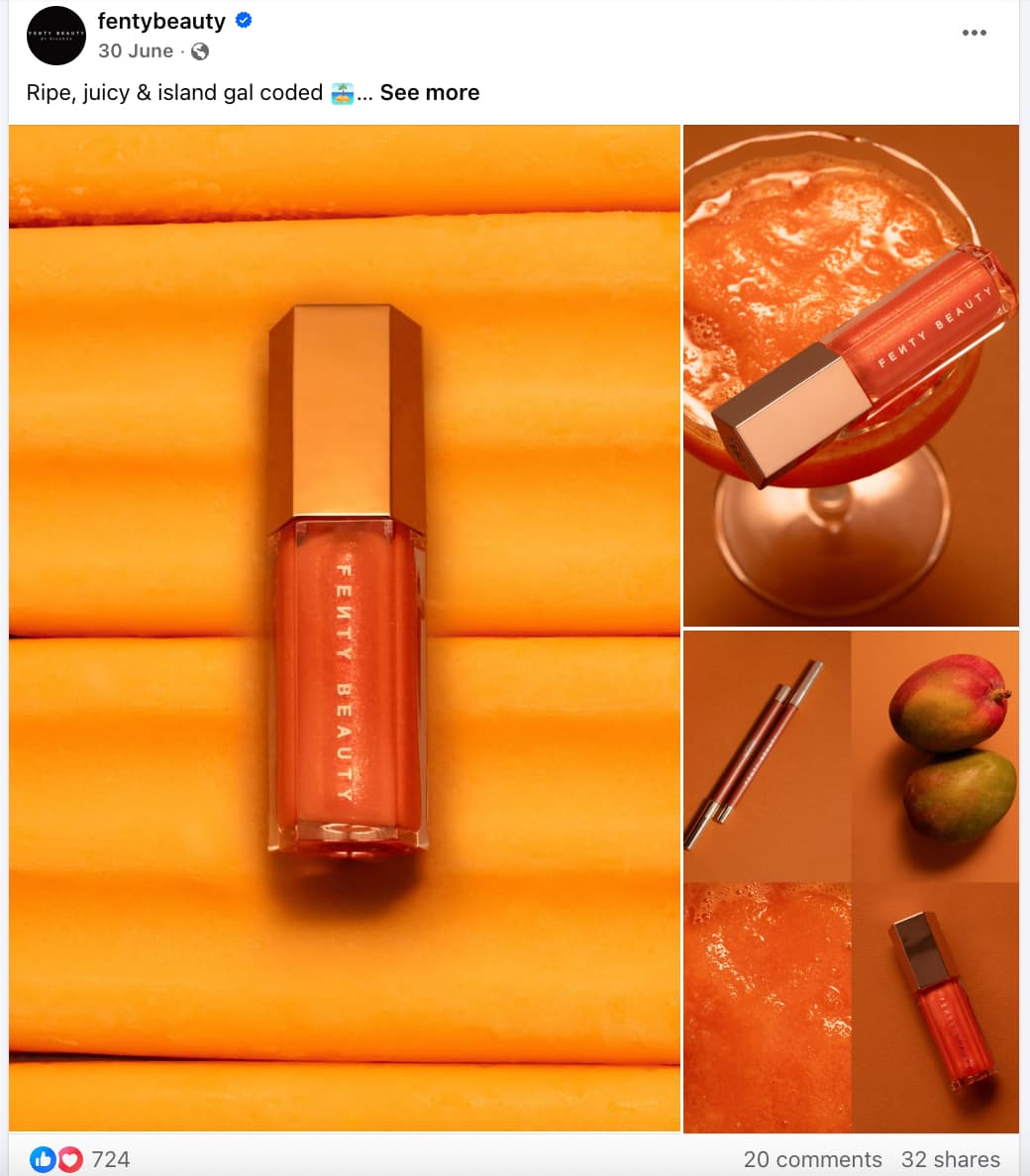 Fenty Beauty Facebook post showing several images of an orange-colored lip product against orange backgrounds and placed alongside props of similar colors