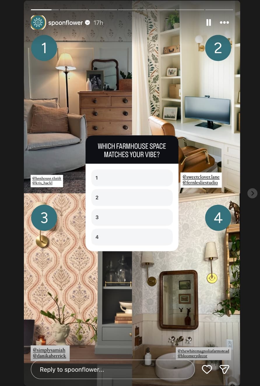 Spoonflower's Instagram Story featuring images of 4 different home spaces and a poll asking "Which farmhouse space matches your vibe?"