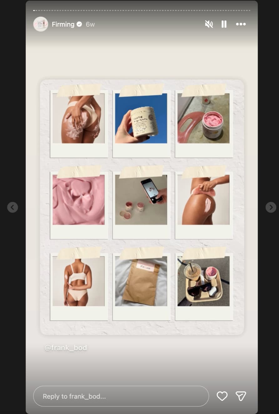 Instagram Story featuring 9 different photos of Frank Body's products displayed as polaroid pictures