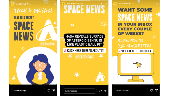 3 Instagram Stories from Adler Planetarium featuring the signature yellow background with consistent fonts across all Stories