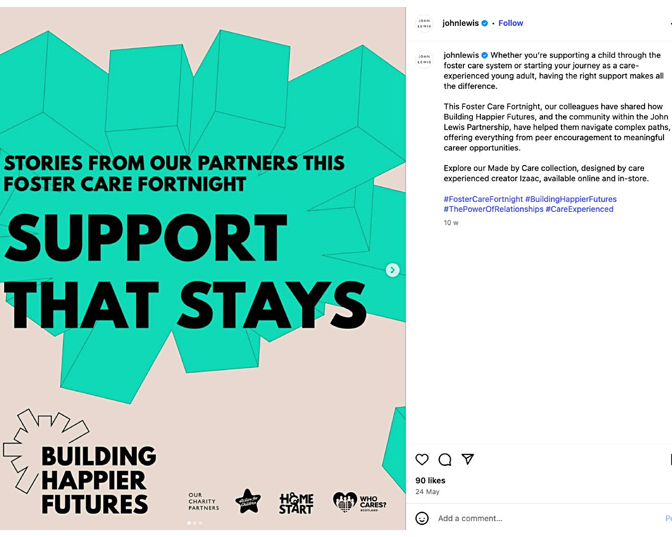 John Lewis post highlighting stories from employees about building happier futures around foster care, with support for local foster care and children’s charities