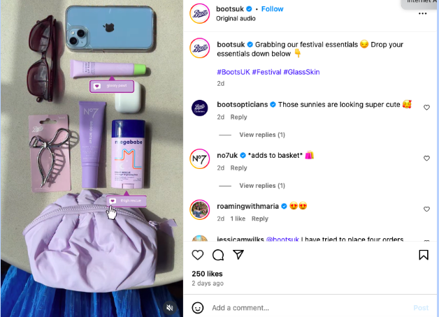 An Instagram post from Boots UK (@Bootsuk) where they show their unmissable festival products for those attending festivals this summer 
