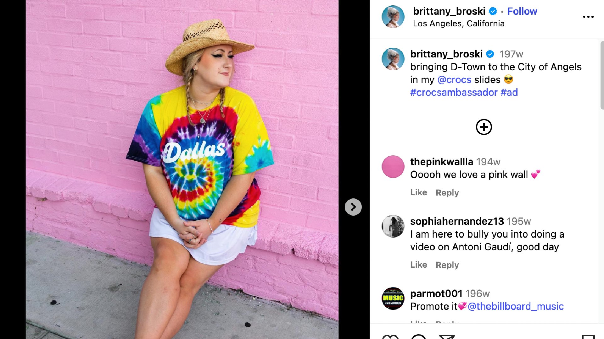 Brittany Broski’s Instagram post promotes Crocs slides.