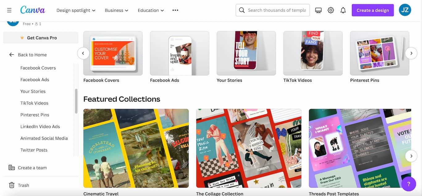 Canva templates page showing options for Facebook Covers, Facebook Ads, Your Stories, TikTok Videos, Pinterest Pins and Featured Collections below