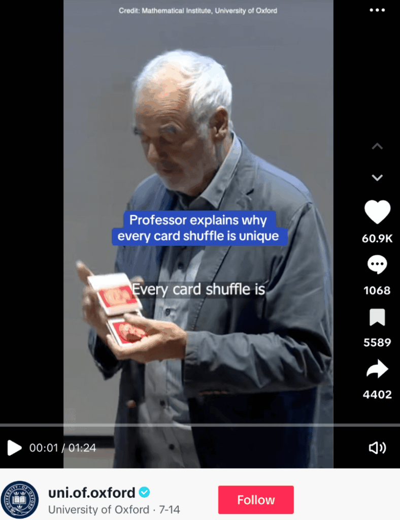 TikTok video of Professor David Spiegelhalter explaining card shuffles in his Mathematics lecture.