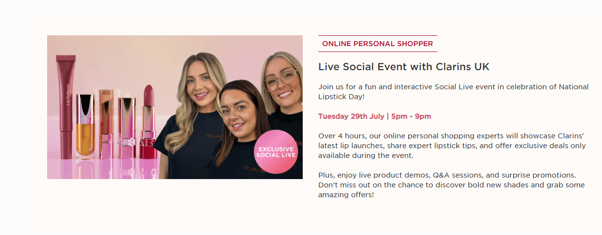 A website advert by Clarins promoting its National Lipstick Day campaigns 