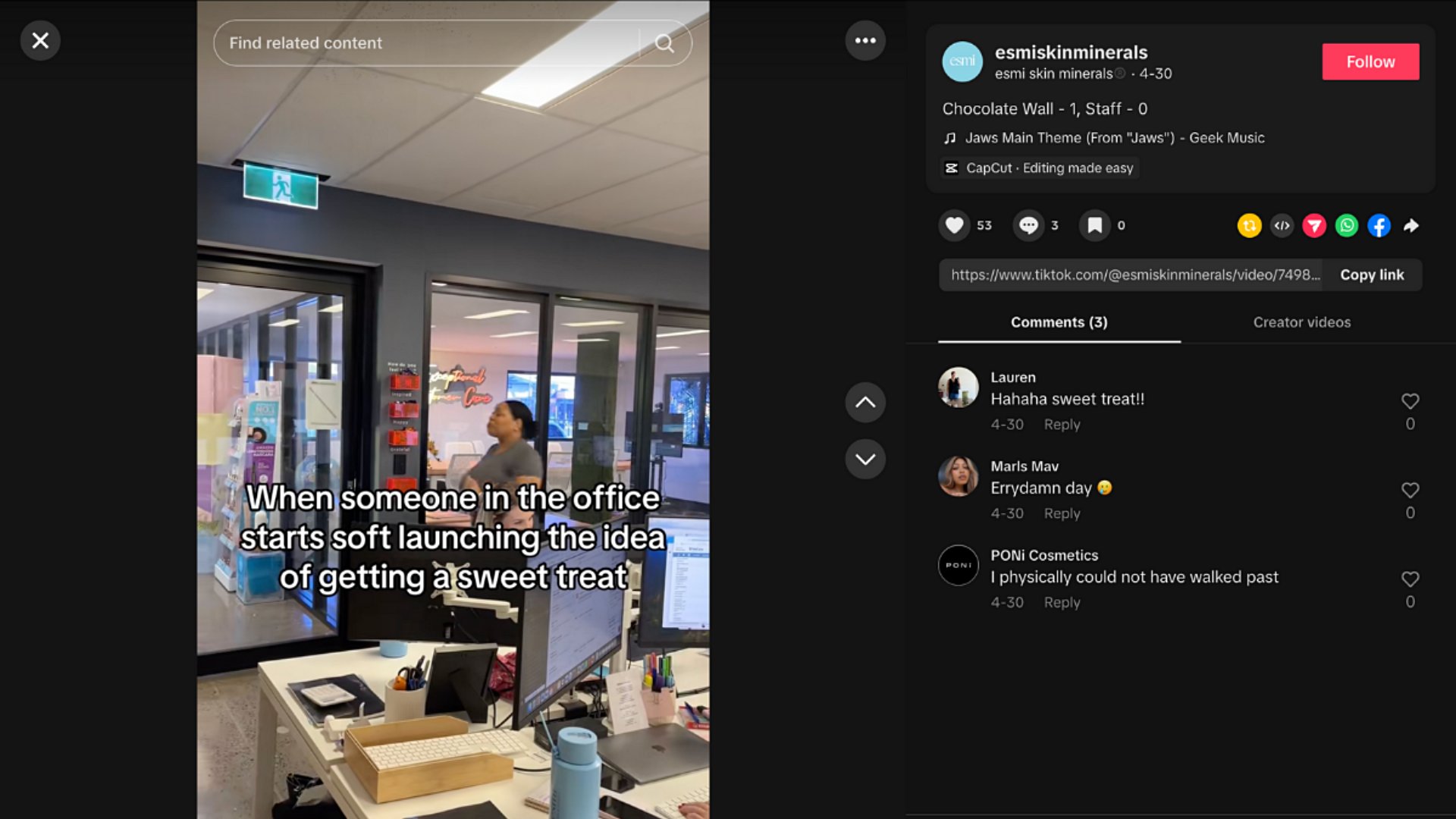 Esmi Skin Minerals shares lighthearted videos of its team having fun in the office, participating in various workplace TikTok trends.