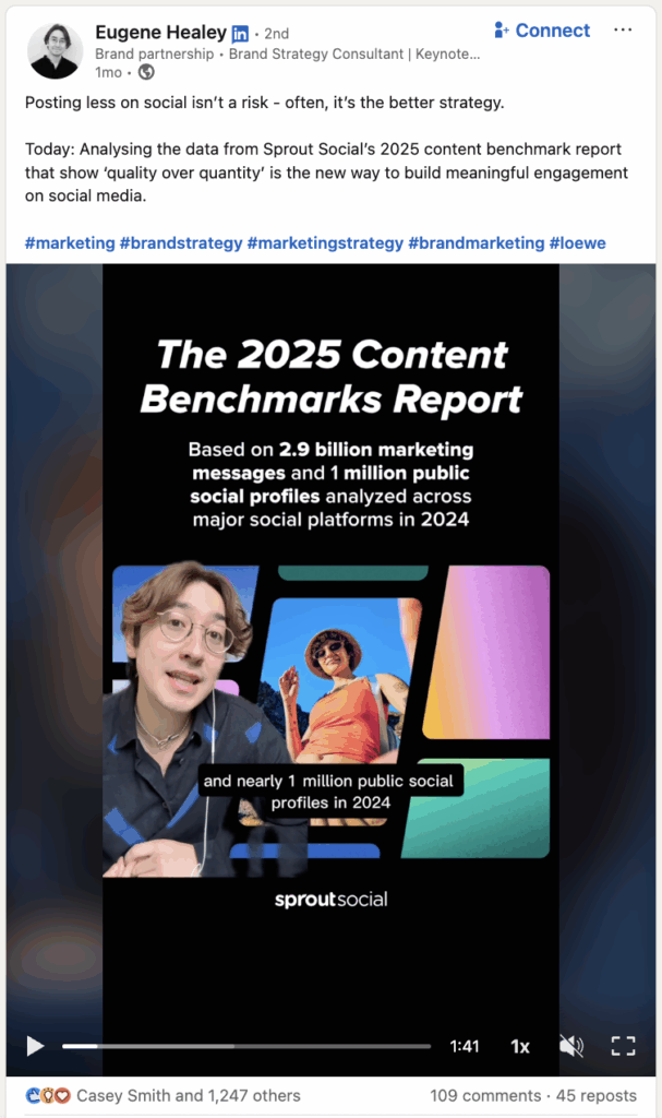 A LinkedIn post from Australian creator Eugene Healy promoting Sprout's 2025 Content Benchmarks Report. 