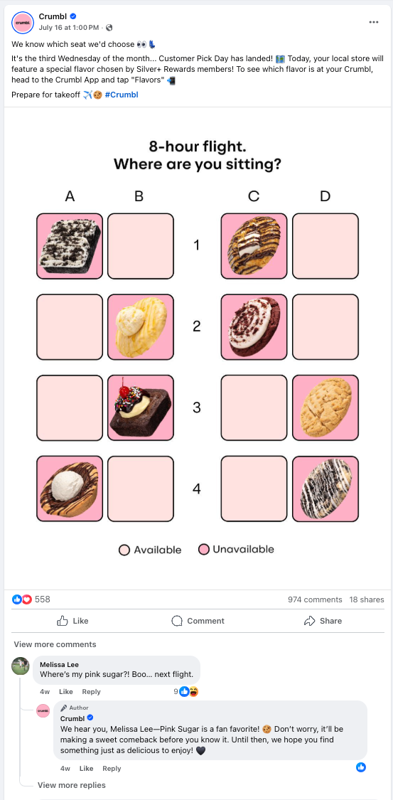 Facebook post from Crumbl