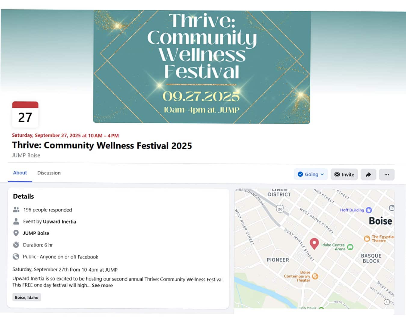 A screenshot shows a Facebook event page for a community wellness festival in Boise, Idaho