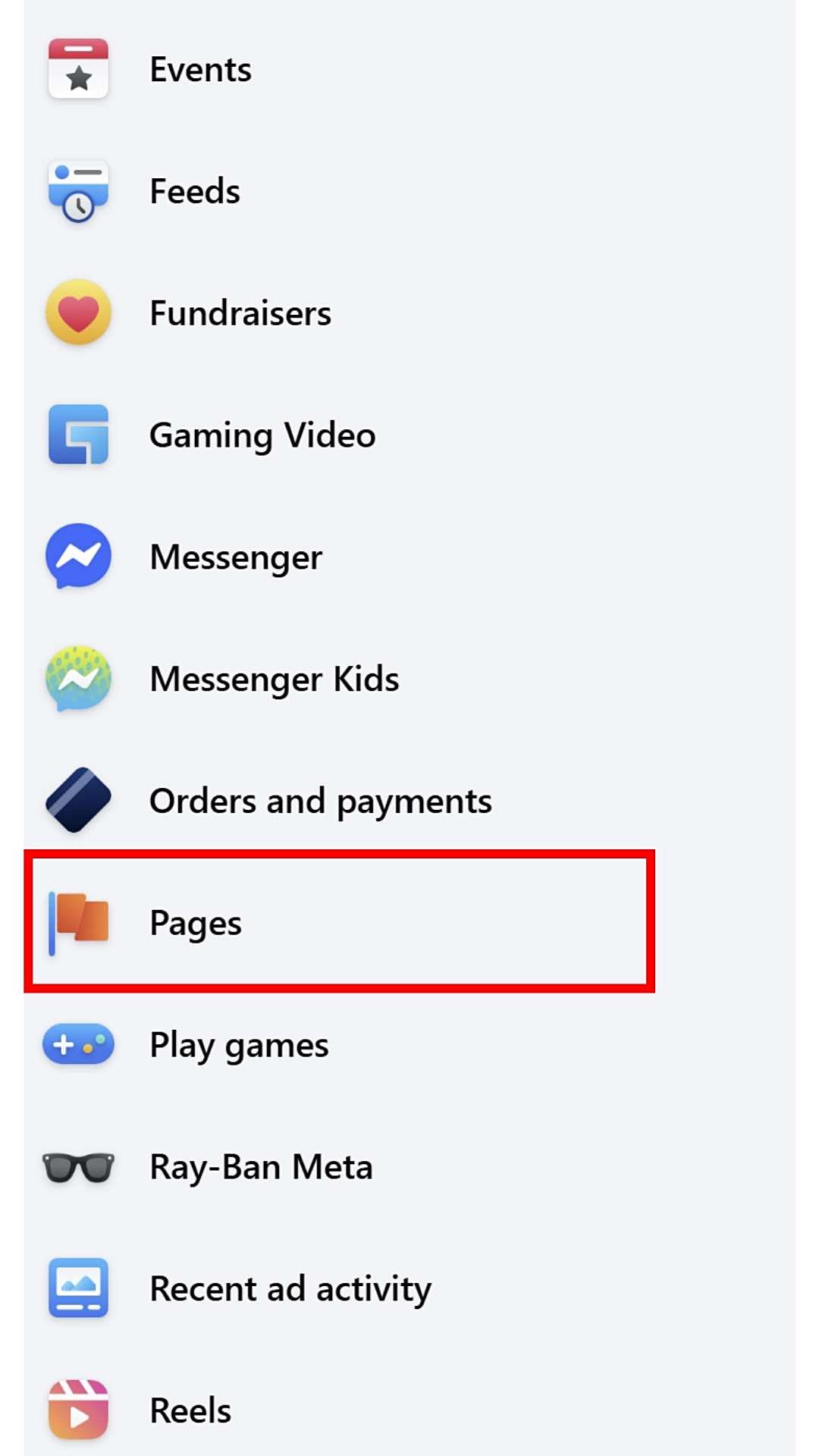 A screenshot shows the left-hand menu on the Facebook home page, which includes the button for Pages.