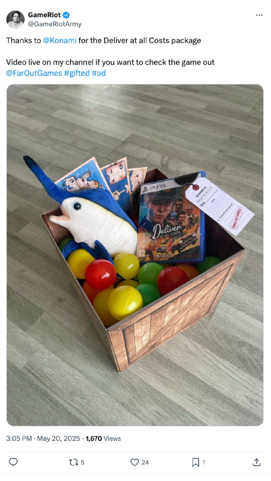 A tweet from @GameRiotArmy features a gift from Far Out Games
