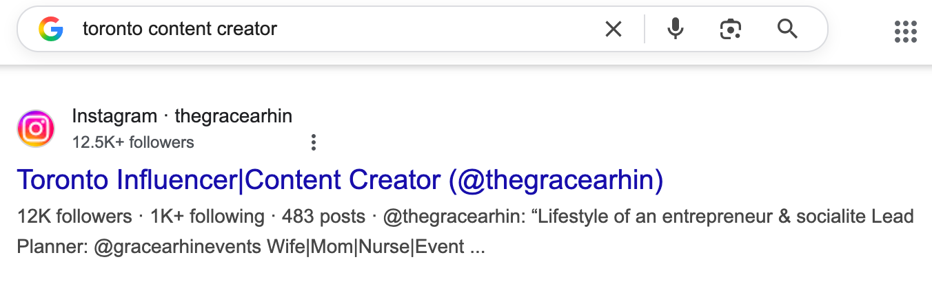 Google search for “toronto content creator” that led to lifestyle micro-influencer @thegracearhin