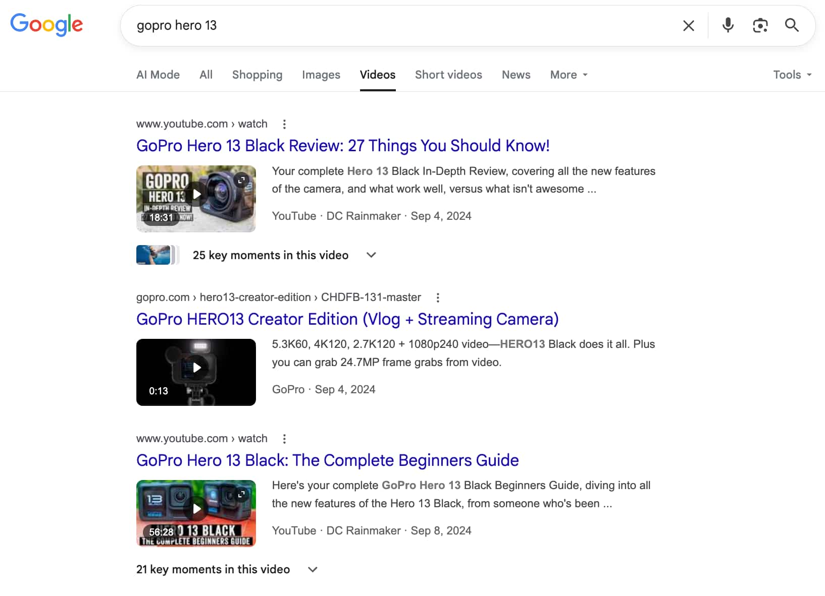 Google search results for “GoPro Hero 13,” including YouTube videos