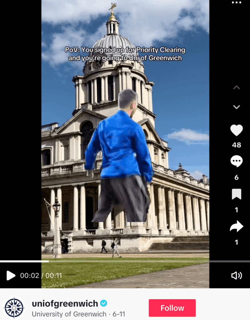 TikTok post from the University of Greenwich's campaign promoting its Priority Clearing service, 