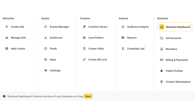 Snapchat Business Manager dashboard showing different capabilities
