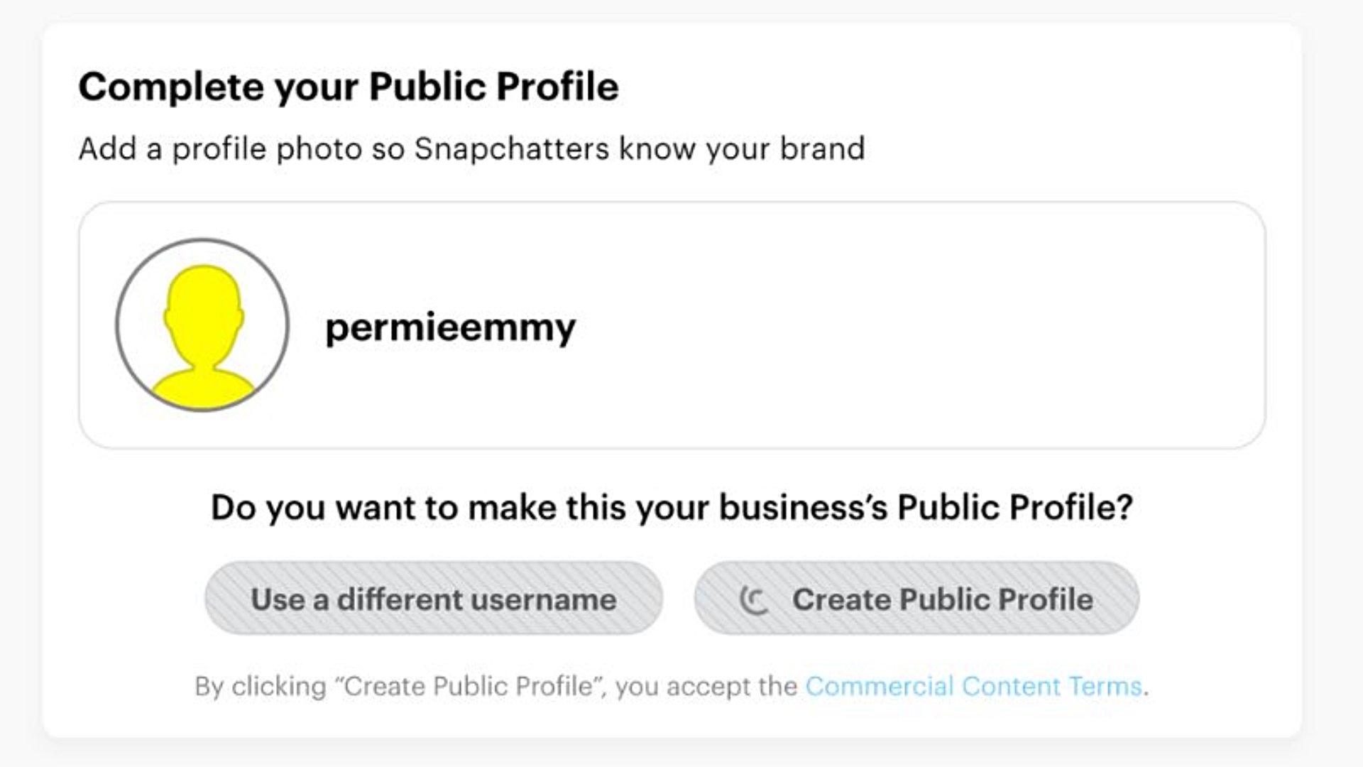 Snapchat prompt for user “permieemmy” to complete a Public Profile for a business, with a placeholder for a profile photo 