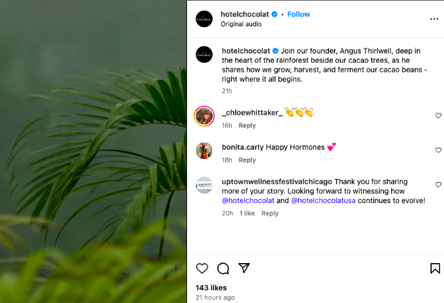 An Instagram Reel from Hotel Chocolat (@hotelchocolat) featuring their founder Angus Thirwell, explaining the bean-to-bar process of their chocolate