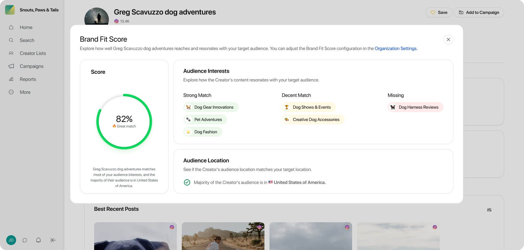 Brand Fit Score profile on Sprout’s Influencer Marketing Platform