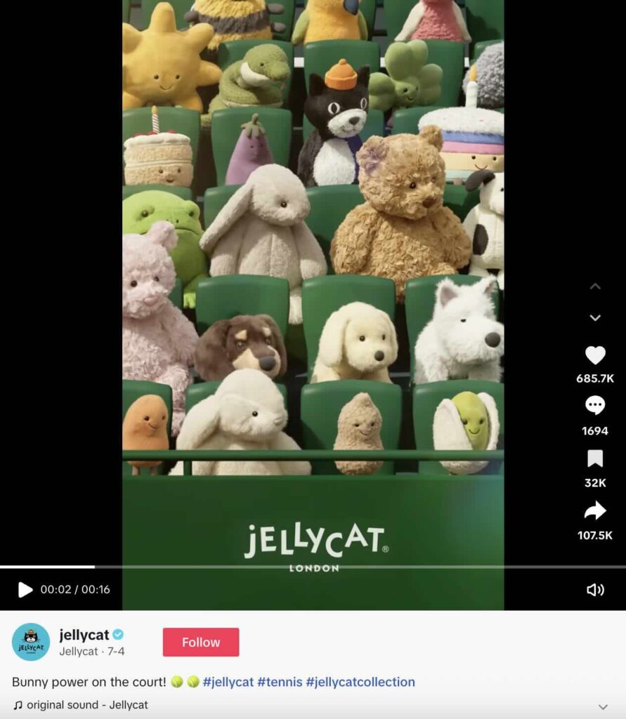 A stop motion TikTok video of Jellycats in bleachers that seem to be watching a tennis match 