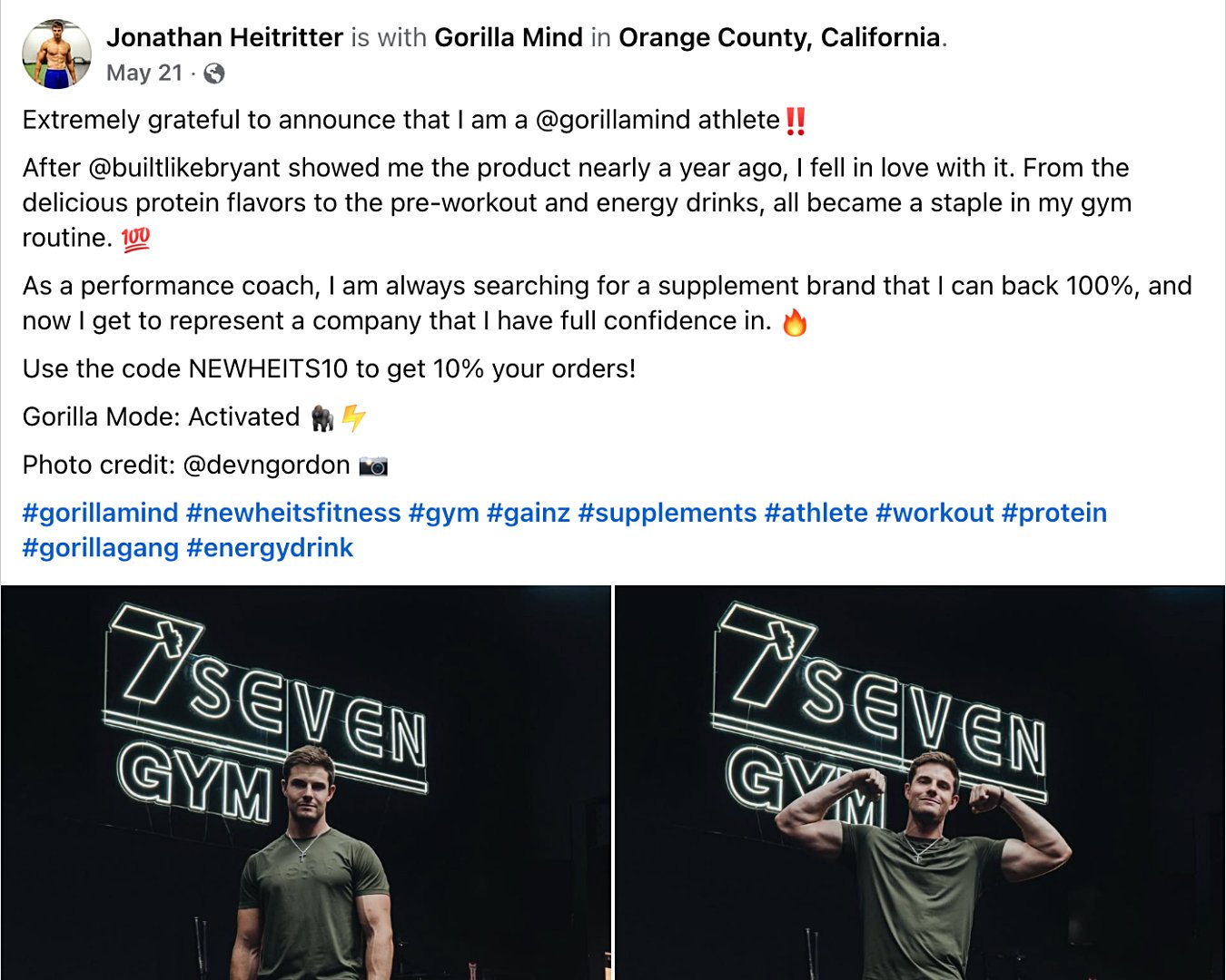 Jonathan Heitritter’s Facebook post announces that he’s officially a Gorilla Mind athlete. 