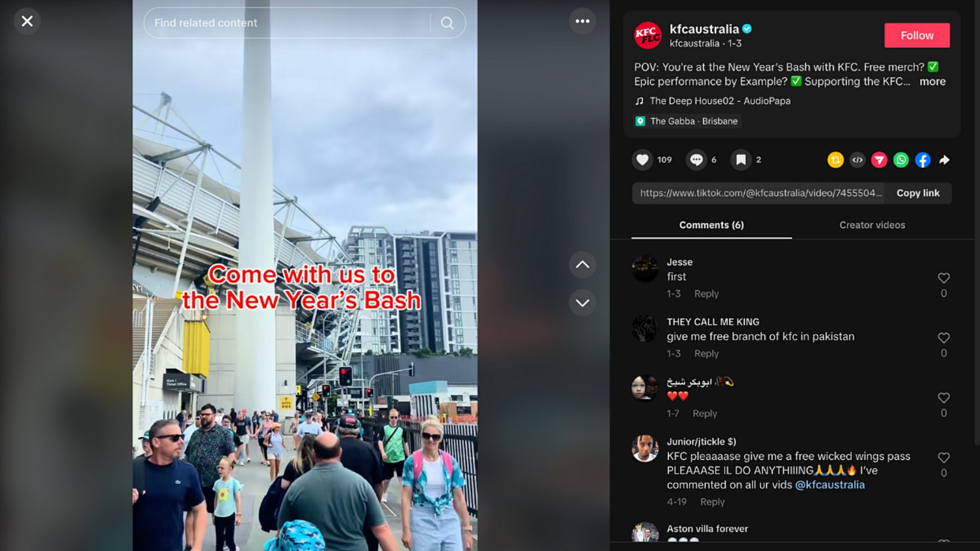 KFC Australia posts content around the New Year’s Bash, where their youth foundation provides free merch and raises funds.