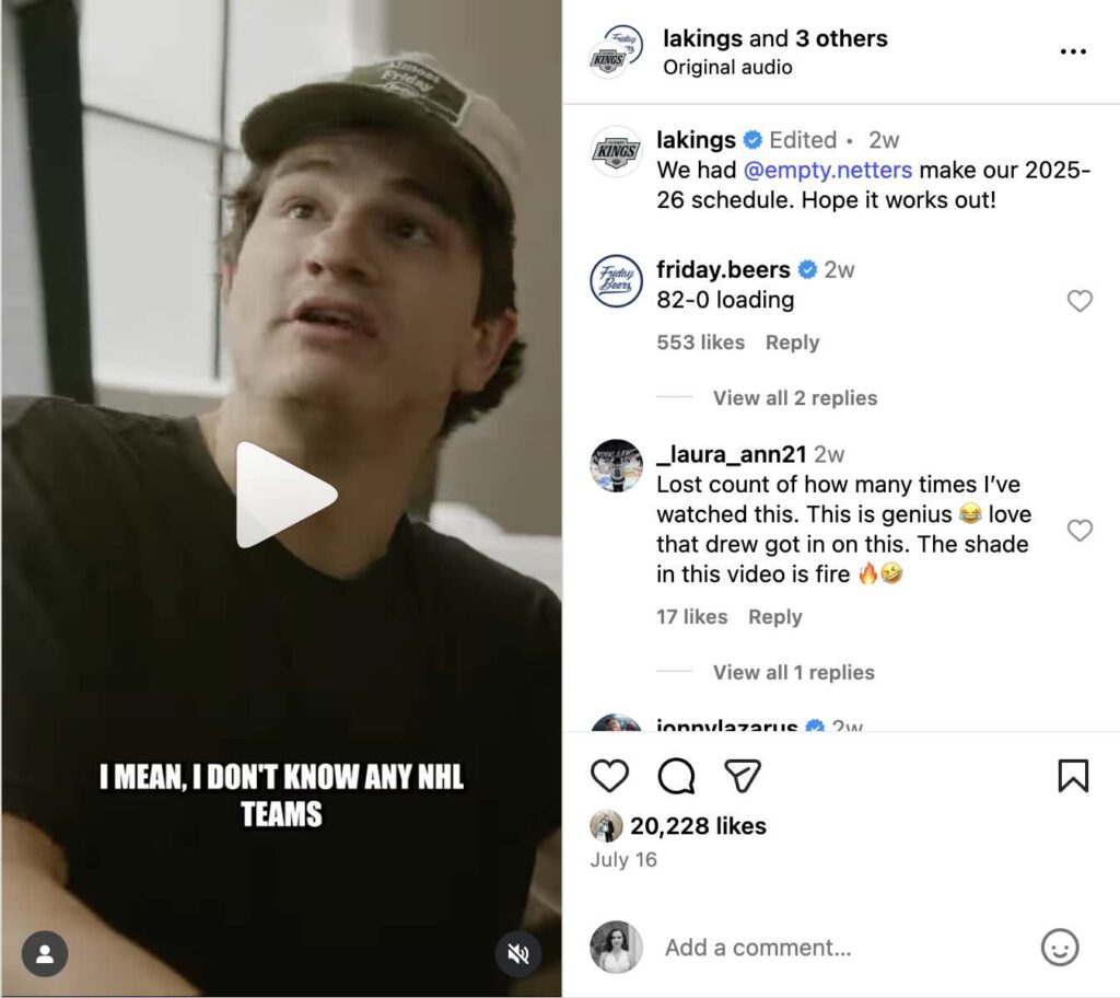 A chaotic Instagram Reel from the LA Kings and the Empty Netters, in a skit where the podcasters create the team's season schedule