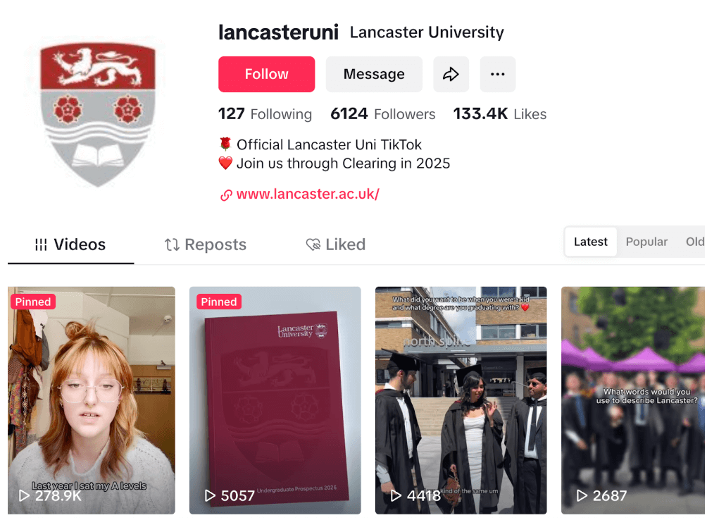 Tiktok page of The University of Lancaster. 