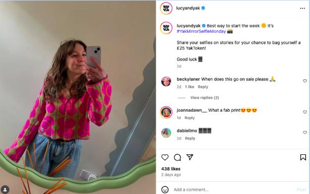 An Instagram post from Lucy & Yak (@lucyandyak) which is part of their UGC campaign #YakMirrorSelfieMonday