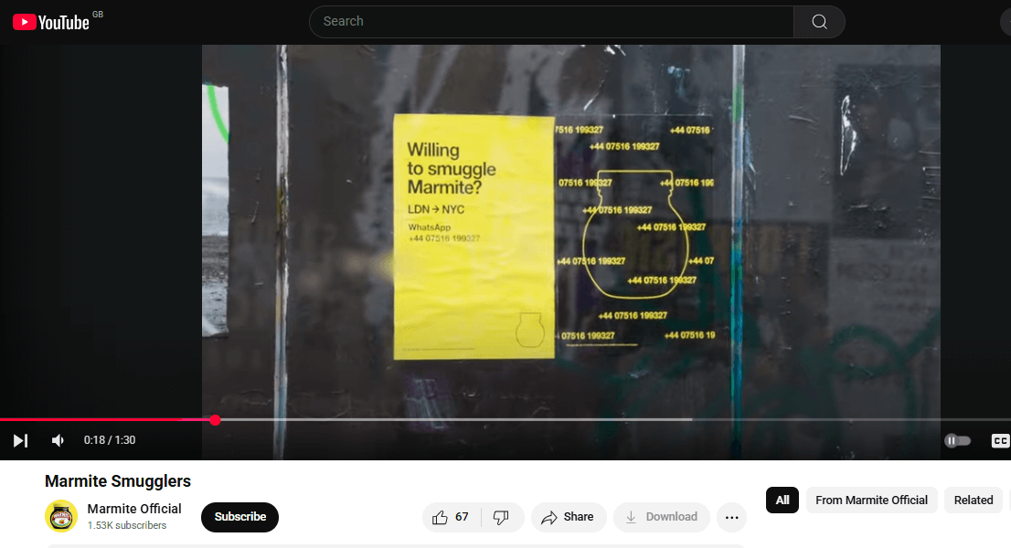 A YouTube video that forms part of Marmite’s “Marmite Smugglers” marketing campaign