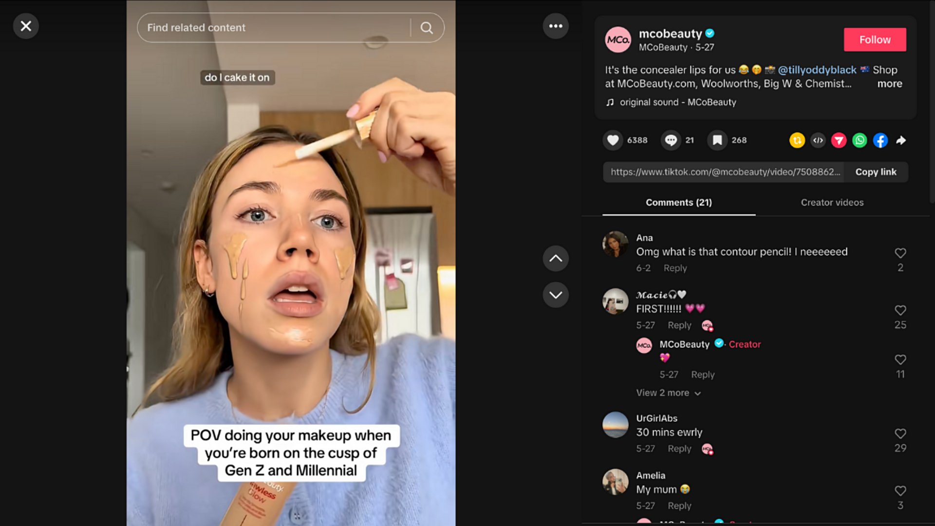 Australian cosmetics company MCoBeauty partners with Aussie comedy star Tilly Oddy-Black for TikTok UGC.