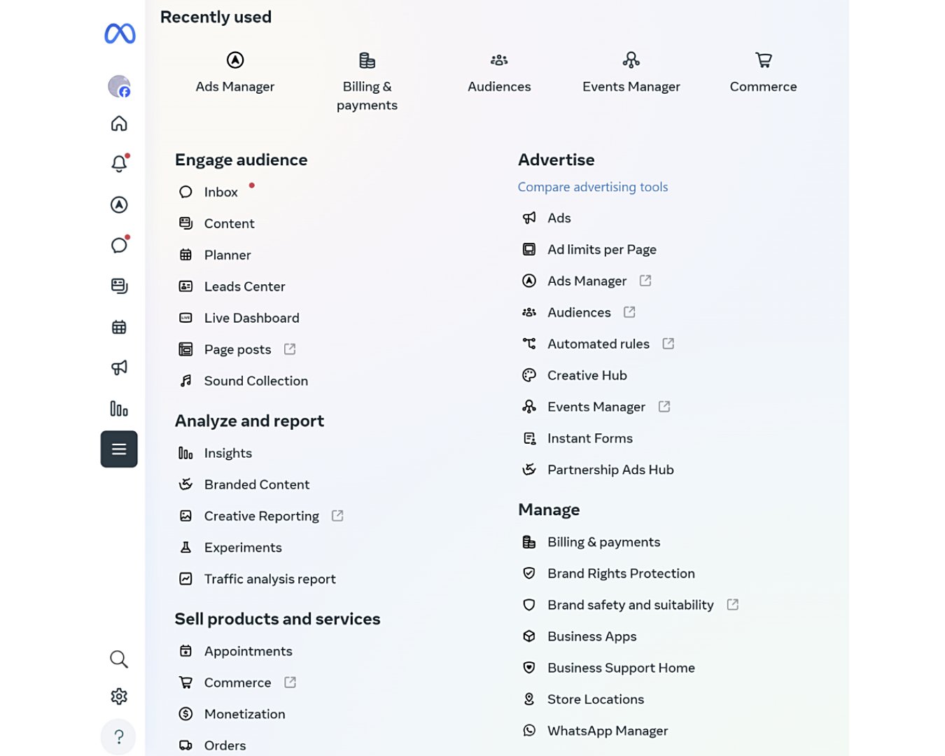 A screenshot shows many of the tools that are available through Meta Business Suite.