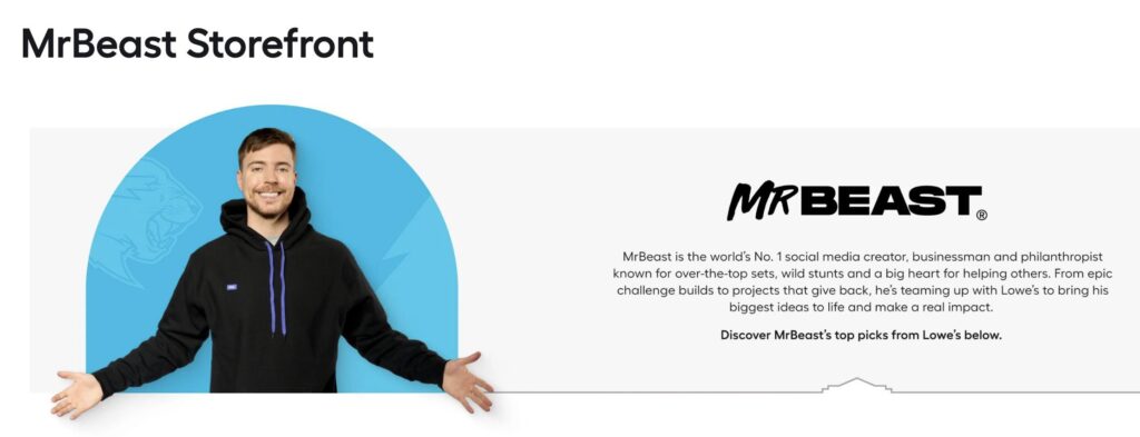 MrBeast's storefront on the Lowe's website