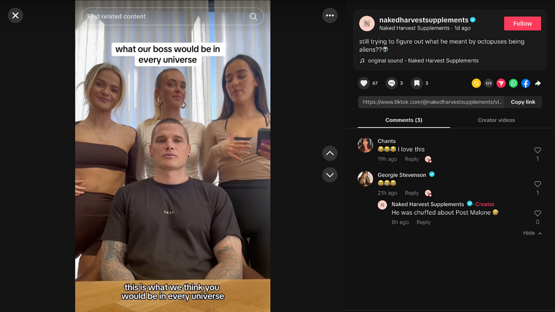Gold Coast company Naked Harvest Supplements shares a lighthearted BTS TikTok with co-founder Coopa and staff.